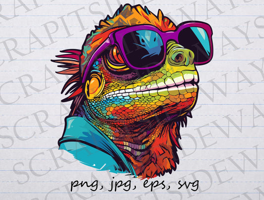 Iguana in sunglasses clip art clipart vector graphic svg png jpg eps, rainbow lizard, rainbow iguana, colorful iguana, summer iguana