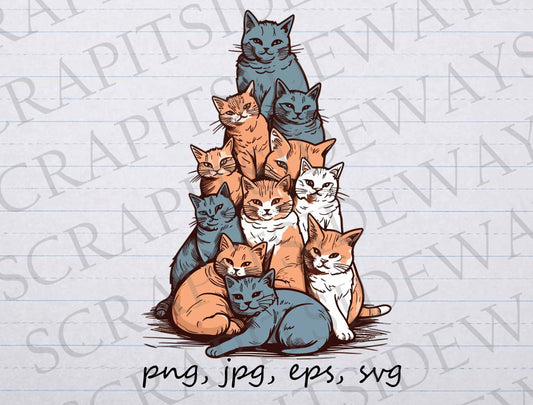 Stack of cats clip art clipart vector graphic svg png jpg eps, cute cats, cat border, cats on top of one another