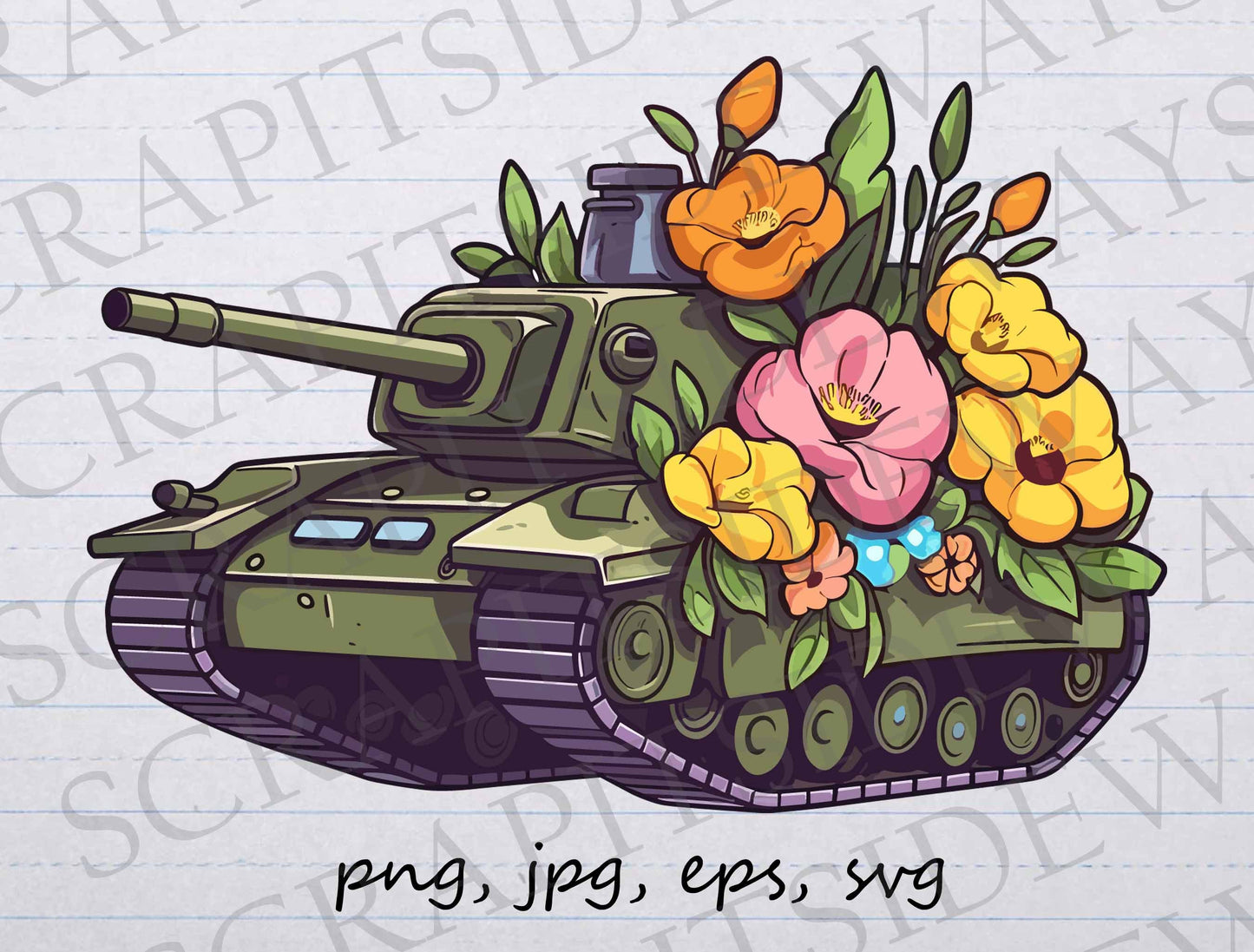 Tank with flowers clip art clipart vector graphic svg png jpg eps, floral tank, war tank, military tank, peace not war