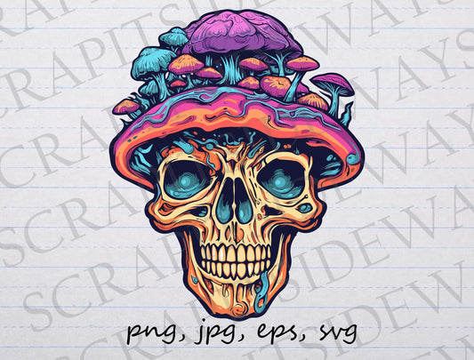 Trippy Mushroom skull clipart vector graphic svg png jpg eps, mycology, fungi, shrooms, skeleton, psychedelic, rainbow skull