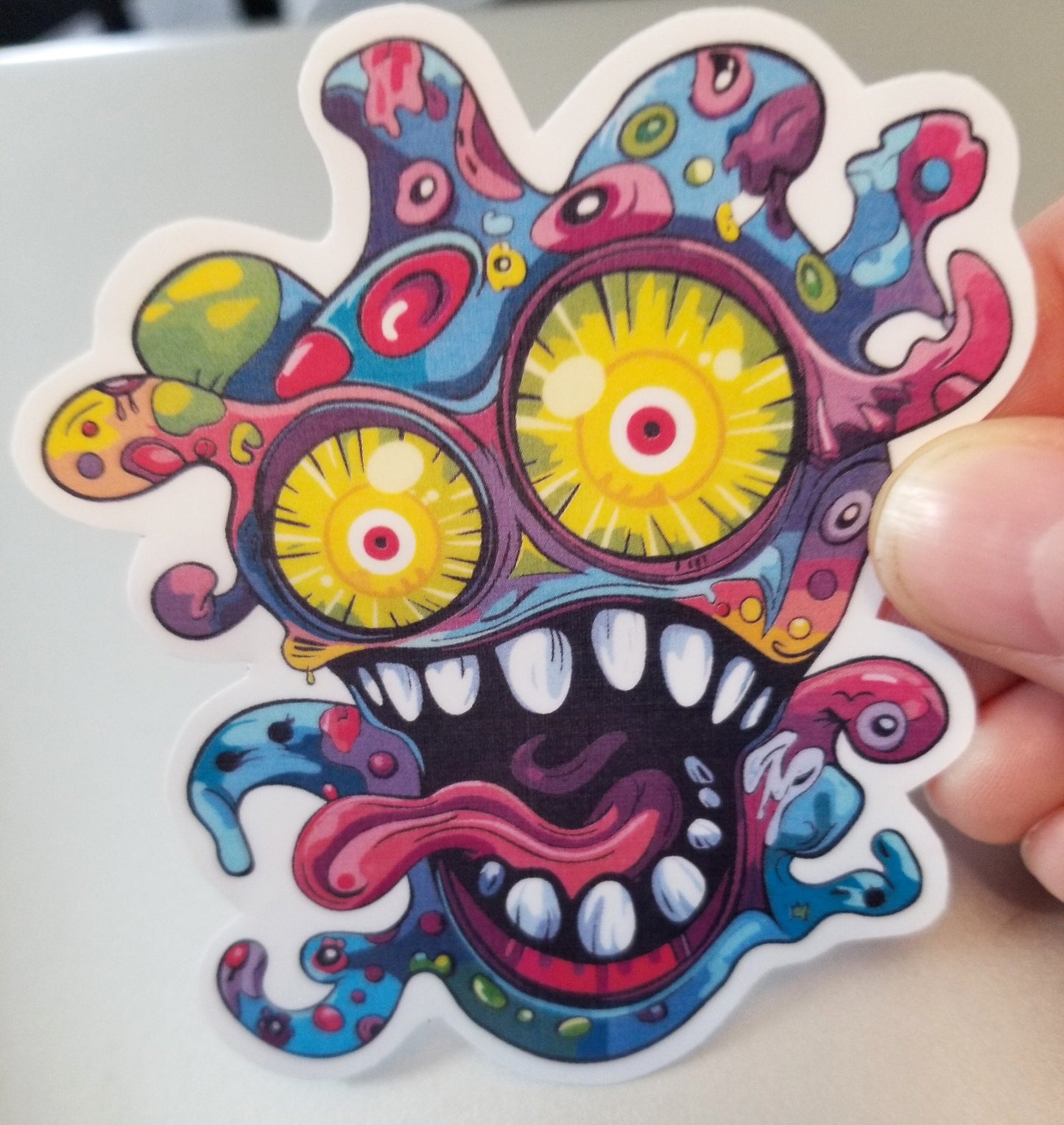 Psychedelic trippy creature vinyl sticker 3 inches, water resistant decal, acid trip, strange creature, weirdcore, colorful monster