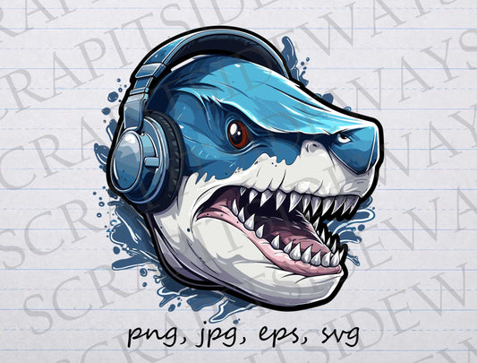 Shark head gamer clip art clipart vector graphic svg png jpg eps, shark gamer, video gamer shark, shark in headphones