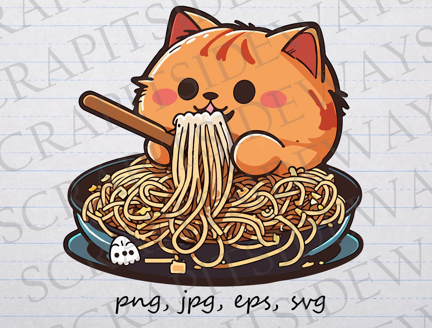 Cat eating spaghetti noodles clipart vector graphic svg png jpg eps hungry kitty hungry cat ramen