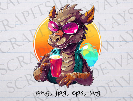 Dragon having cocktails clipart vector graphic svg png jpg eps cool dragon summer dragon drinks summer vibes