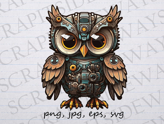 Steampunk robot owl clipart vector graphic svg png jpg eps sci fi futuristic robotics t-shirt design sticker design