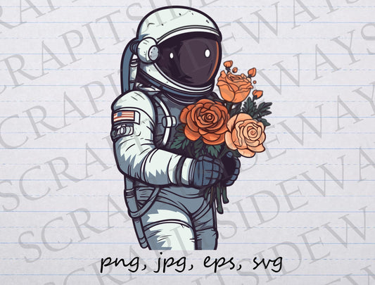 Astronaut holding flowers clipart vector graphic svg png jpg eps outer space space explorer astronaut with roses