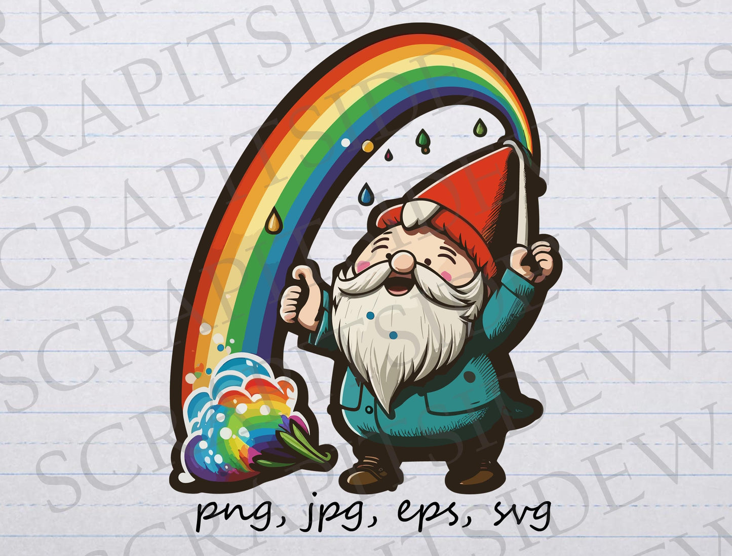 Garden gnome with a rainbow clip art clipart vector graphic svg png jpg eps colorful gnome, rainbow gnome, cute garden gnome