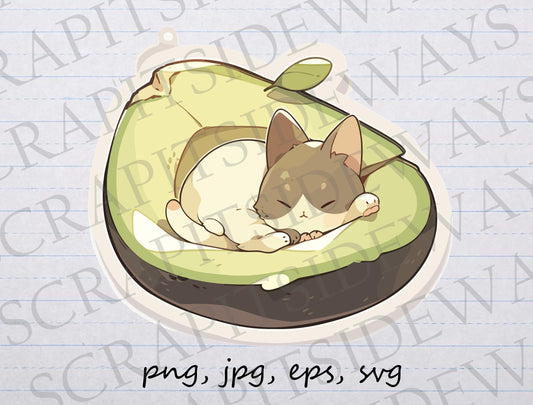 Avocado cat clipart vector graphic svg png jpg eps kitty kitten cat sleeping in avocado anime style