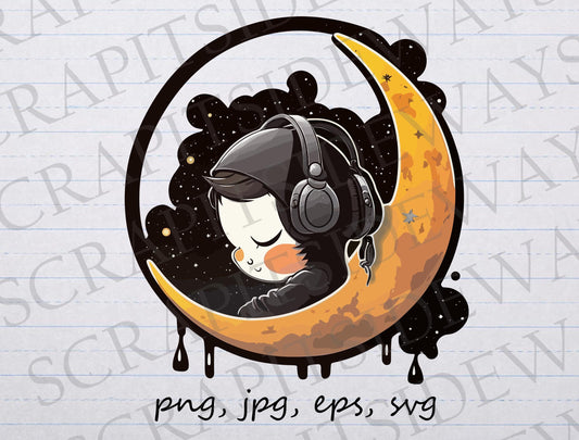 Cute sleeping girl with headphones clipart vector graphic svg png jpg eps moon celestial