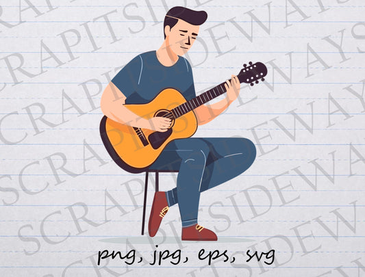 Man playing guitar clip art clipart vector graphic svg png jpg eps rocker, acoustic guitar, musician, music player