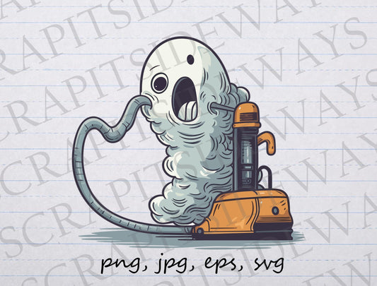 Ghost being sucked into vacuum clip art clipart vector graphic svg png jpg eps ghost vacuum, stuck ghost, sucked up ghost,