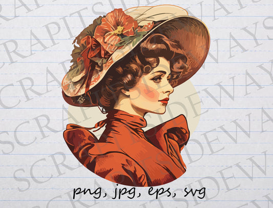 Beautiful vintage woman clipart vector graphic svg png jpg eps woman in hat