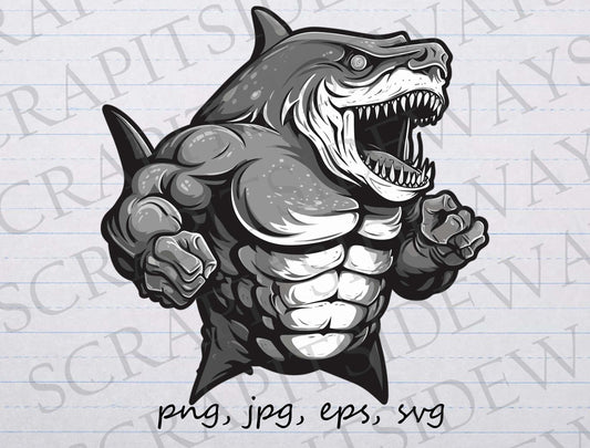 Gym Shark clip art clipart vector graphic svg png jpg eps, muscle shark, strong shark, great white shark, buff shark