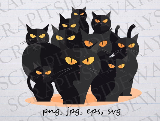 Crowd of black cats clipart vector graphic svg png jpg eps kitten lots of cats cat lady cat lover