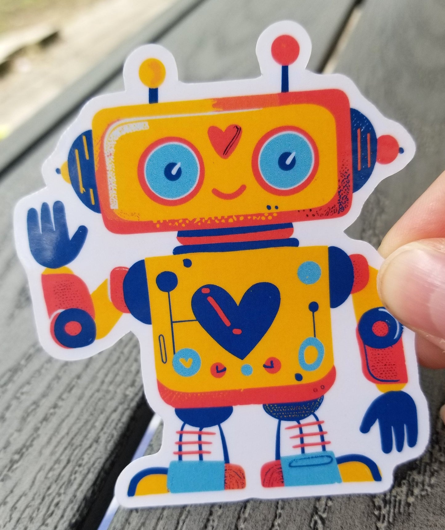 Robot with heart vinyl sticker 3 inches, water resistant decal, love robot, cute robot, yellow robot, heart robot, colorful robot