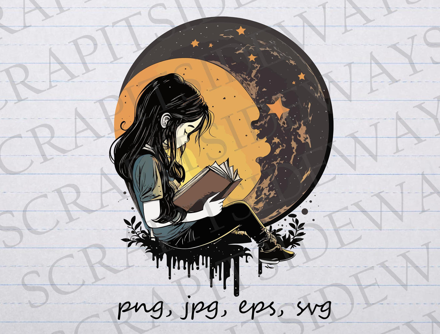 Girl reading with the moon 2 clipart vector graphic svg png jpg eps t-shirt design sticker design celestial book lover