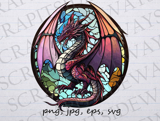 Stained glass dragon clip art clipart vector graphic svg png jpg eps mosaic dragon, fantasy dragon, dragon window