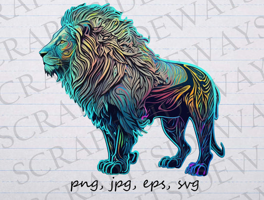 Neon lion clipart vector graphic svg png jpg eps, majestic lion, safari animal, african lion, male lion, lion with mane,