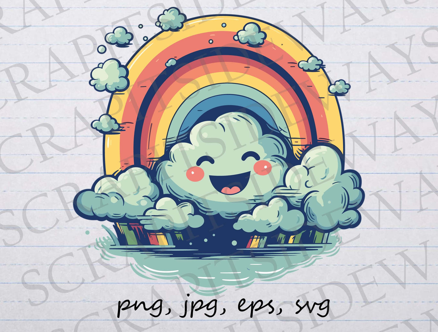 Happy Rainbow with clouds clip art clipart vector graphic svg png jpg eps, happy sky, cute rainbow, cute clouds, rainy sky