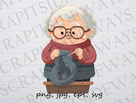 Grandma knitting clipart vector graphic svg png jpg eps knit old woman