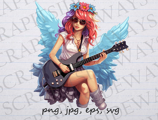 Fairy with guitar clipart vector graphic svg png jpg eps t-shirt design musician retro music country music