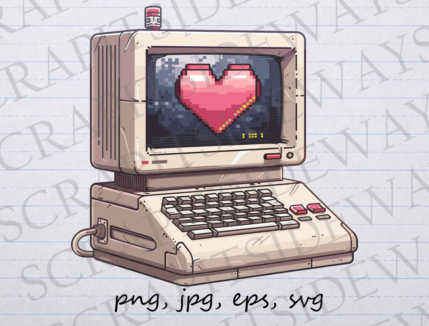 8-Bit computer with heart clipart vector graphic svg png jpg eps vintage video game style 8 bit pixel art pixel vintage computer