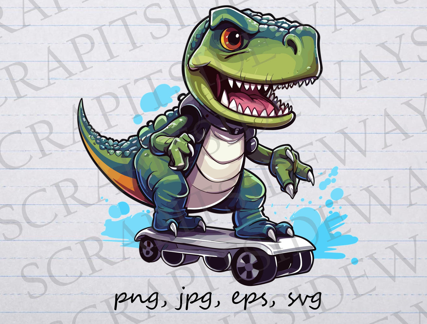 Dinosaur on hoverboard clipart vector graphic svg png jpg eps cute dino, dino skateboarder, cool dinosaur, dinosaur skateboard