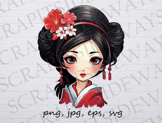 Cute Geisha face clip art clipart vector graphic svg png jpg eps, chibi, Japanese, Japan, cute geisha girl, cute geisha woman