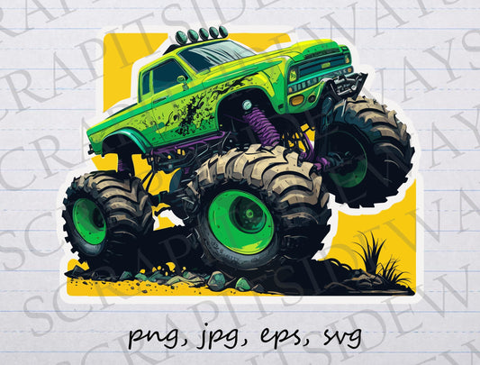 Green Monster Truck clip art clipart vector graphic svg png jpg eps, giant truck, boys birthday, monster truck lover, cool truck