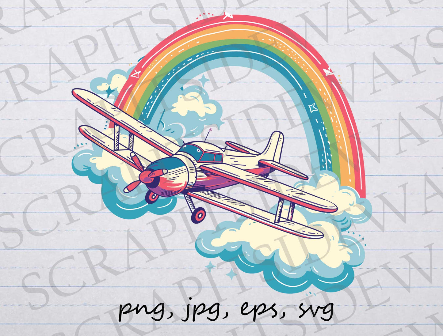 Airplane flying through rainbow clipart clip art vector graphic svg png jpg eps, plane, vacation, plane, flying, pilot, rainbow plane, cloud