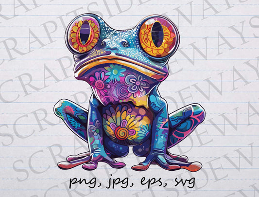 Psychedelic tree frog  clipart clip art vector graphic svg png jpg eps cute frog, rainbow frog, pet frog, 1970s frog, trippy frog