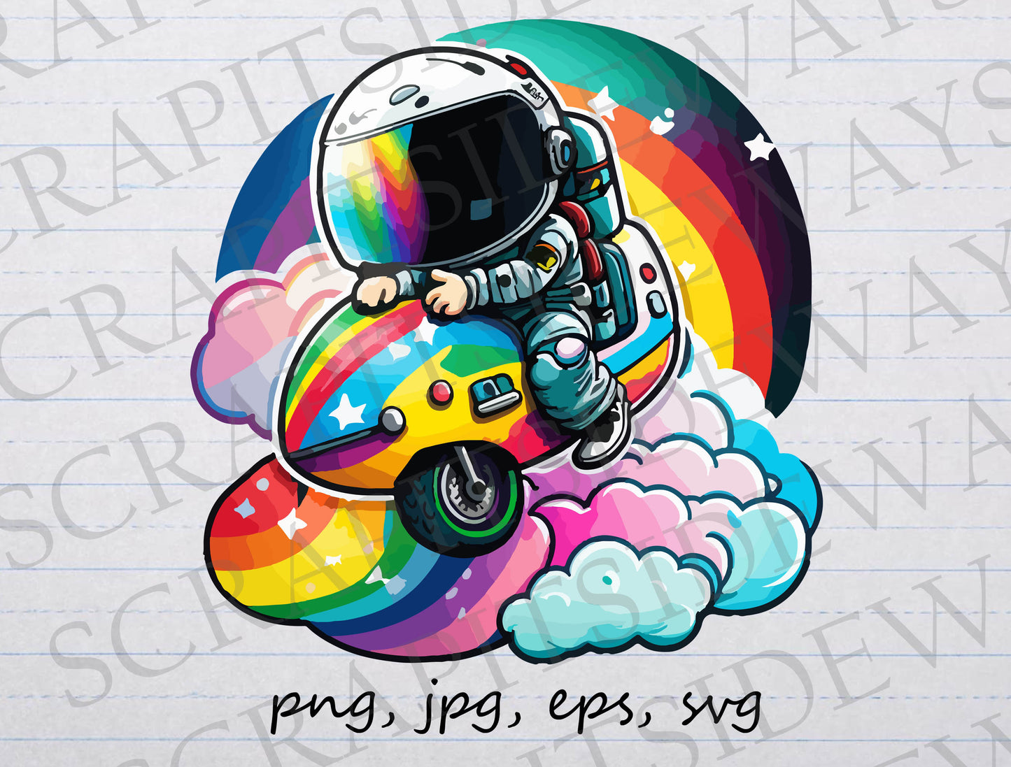 Astronaut riding a rainbow clipart vector graphic svg png jpg eps moped space galaxy clouds