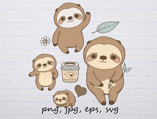 Cute Sloth and elements svg Vector clipart png graphics sloths