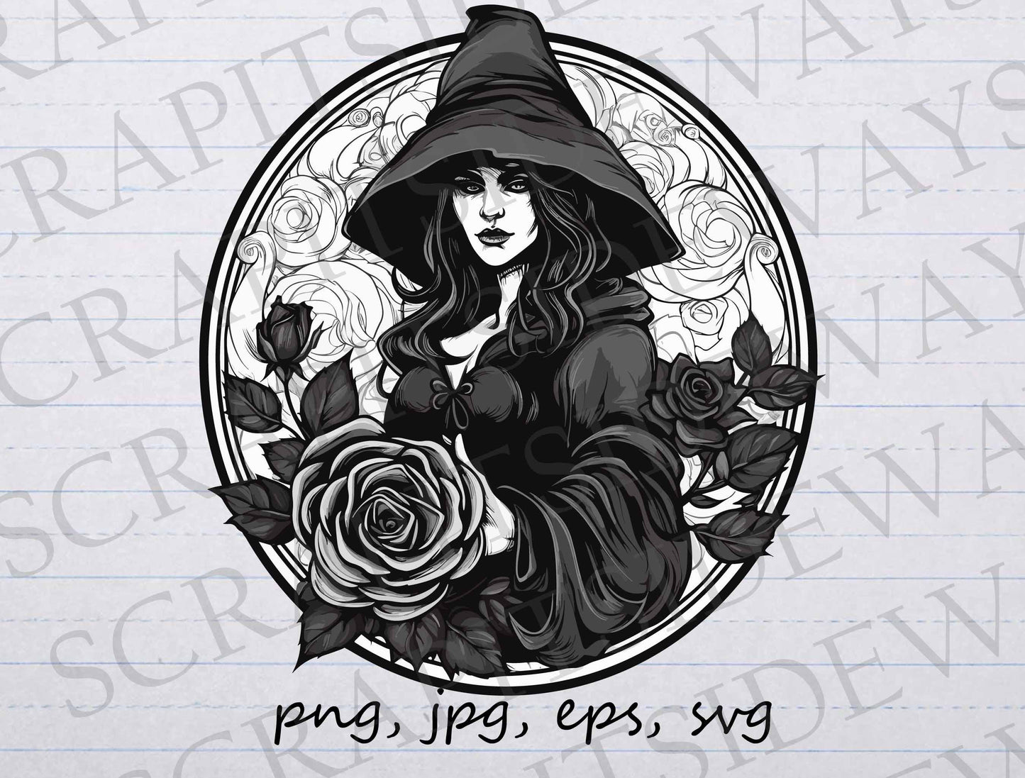 Black and white witch with rose clip art clipart vector graphic svg png jpg eps, halloween, goth, dark witch, scary witch, gothic witch