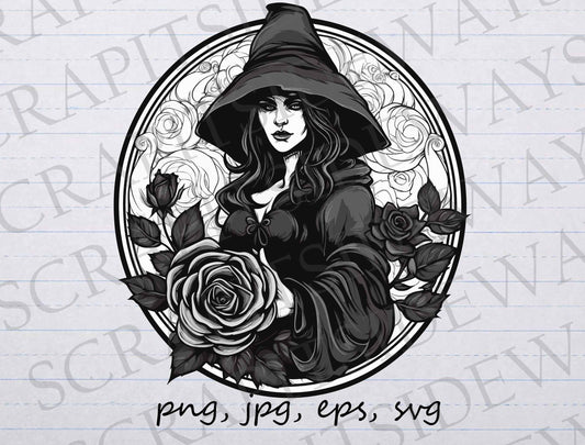 Black and white witch with rose clip art clipart vector graphic svg png jpg eps, halloween, goth, dark witch, scary witch, gothic witch