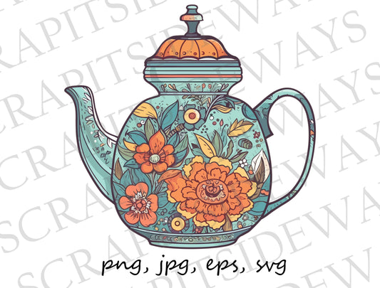 Boho teapot clipart vector graphic svg png jpg eps tea love tea lover tea pot pretty teapot