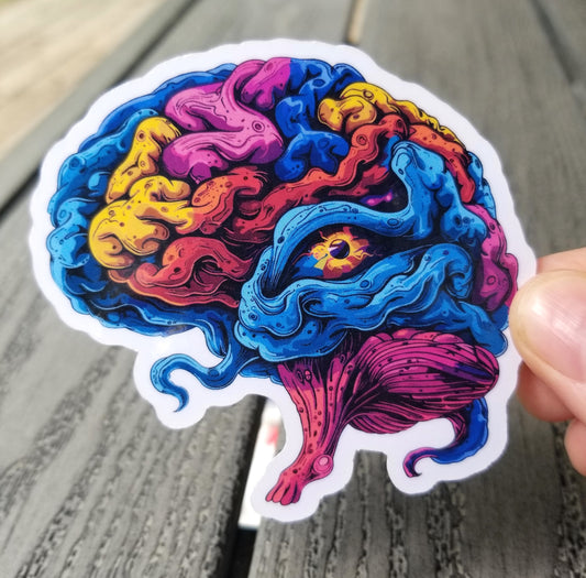 Creepy brain vinyl sticker 3 inches, water resistant decal, colorful brain, human anatomy, brain monster, brain with eye, horror brain