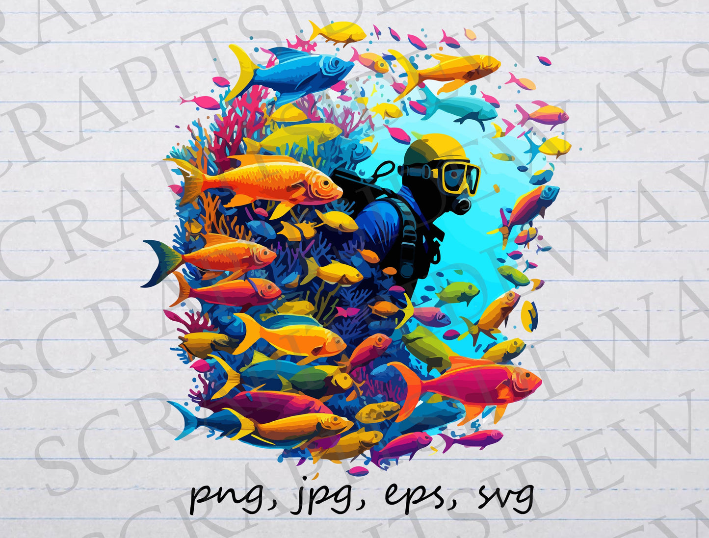 Colorful scuba diver clipart vector graphic svg png jpg eps pretty fish