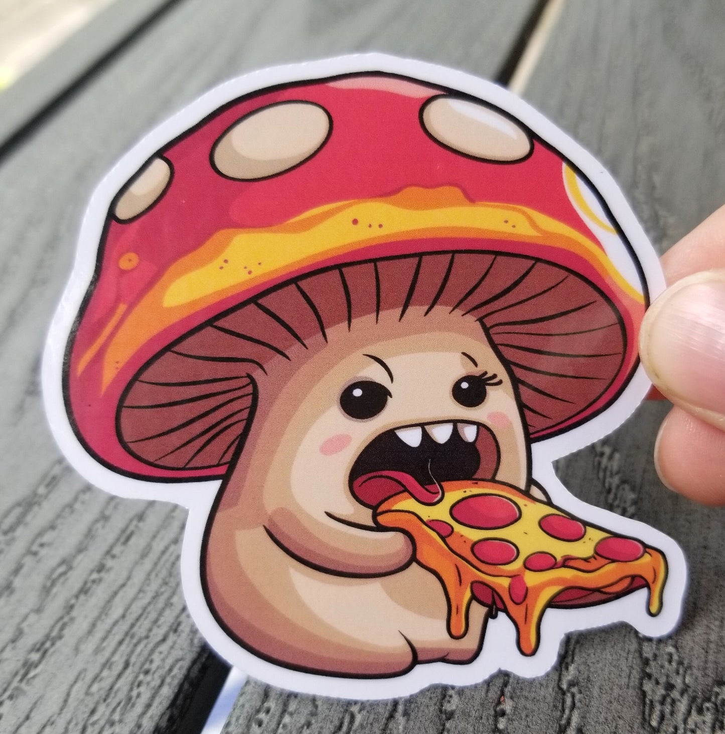 Mushroom eating pizza vinyl sticker 3 inches, water resistant decal, pizza shroom, funny mushroom, red cap mushroom