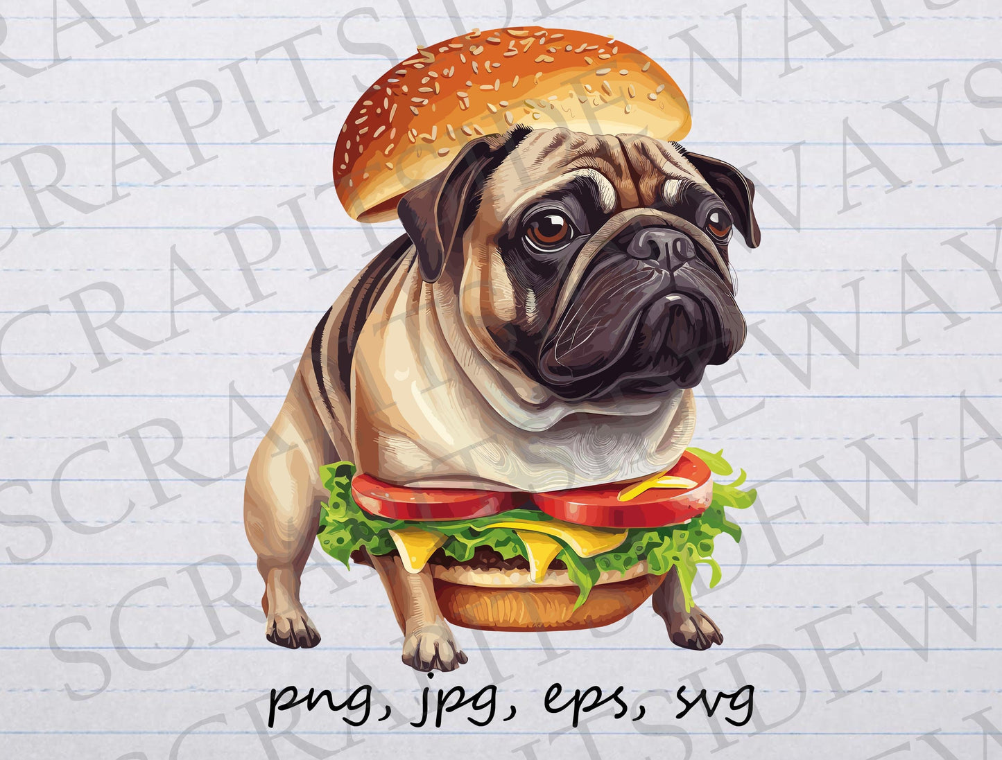 Hamburger pug clipart vector graphic svg png jpg eps sticker design t-shirt design cheeseburger dog puppy