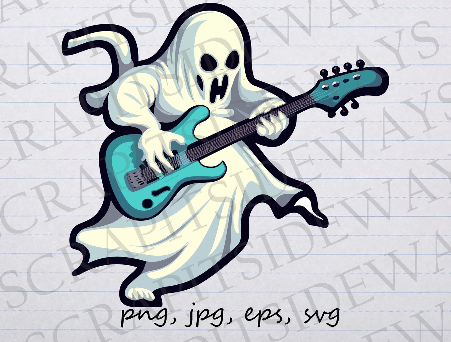 Rock n roll ghost clip art clipart vector graphic svg png jpg eps rocker ghost, ghost with guitar, ghost electric guitar, ghost bassist