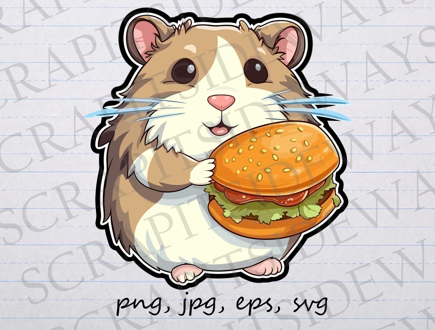 Hamster eating hamburger clip art clipart vector graphic svg png jpg eps, cute pet, hungry hamster, cute hamster, hamster burger