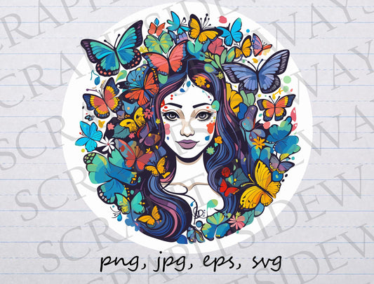 Beautiful woman with butterflies clipart vector graphic svg png jpg eps butterfly