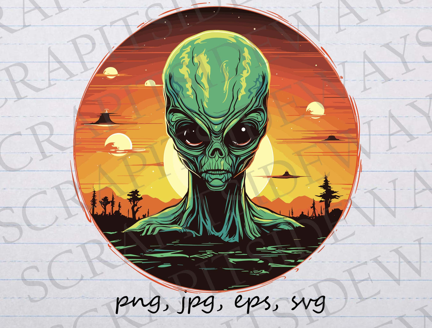 Scary Alien clip art clipart vector graphic svg png jpg eps sticker design t-shirt design, horror, extra terrestrial, ET