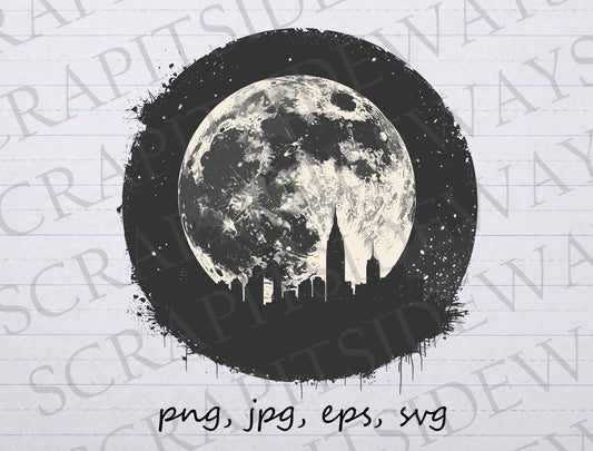 Giant moon over cityscape clip art clipart vector graphic svg png jpg eps, city silhouette, moon silhouette, full moon, huge moon