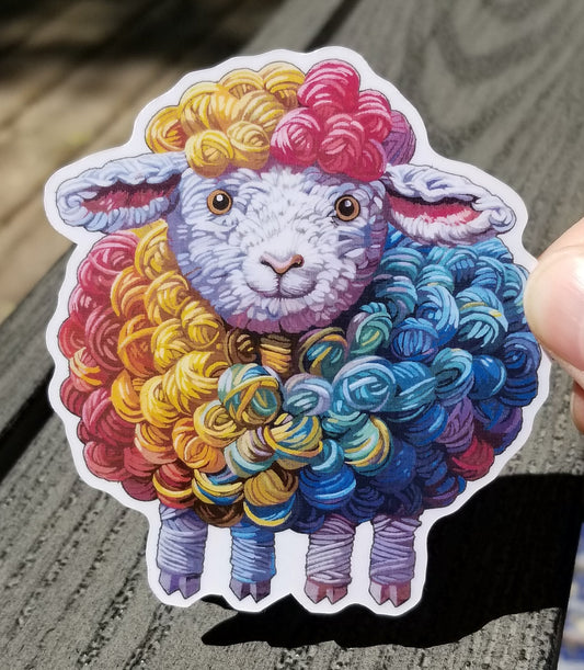 Sheep made of yarn vinyl sticker 3 inches, water resistant decal, yarn sheep, colorful sheep, knitter, crochet, fiber artist