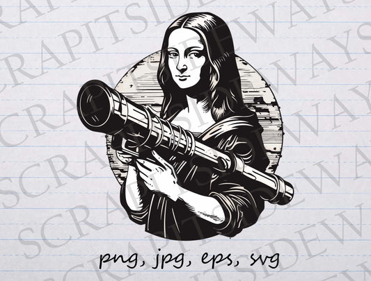 Mona Lisa holding a bazooka clipart vector graphic svg png jpg eps funny classical painting arms weapon gun