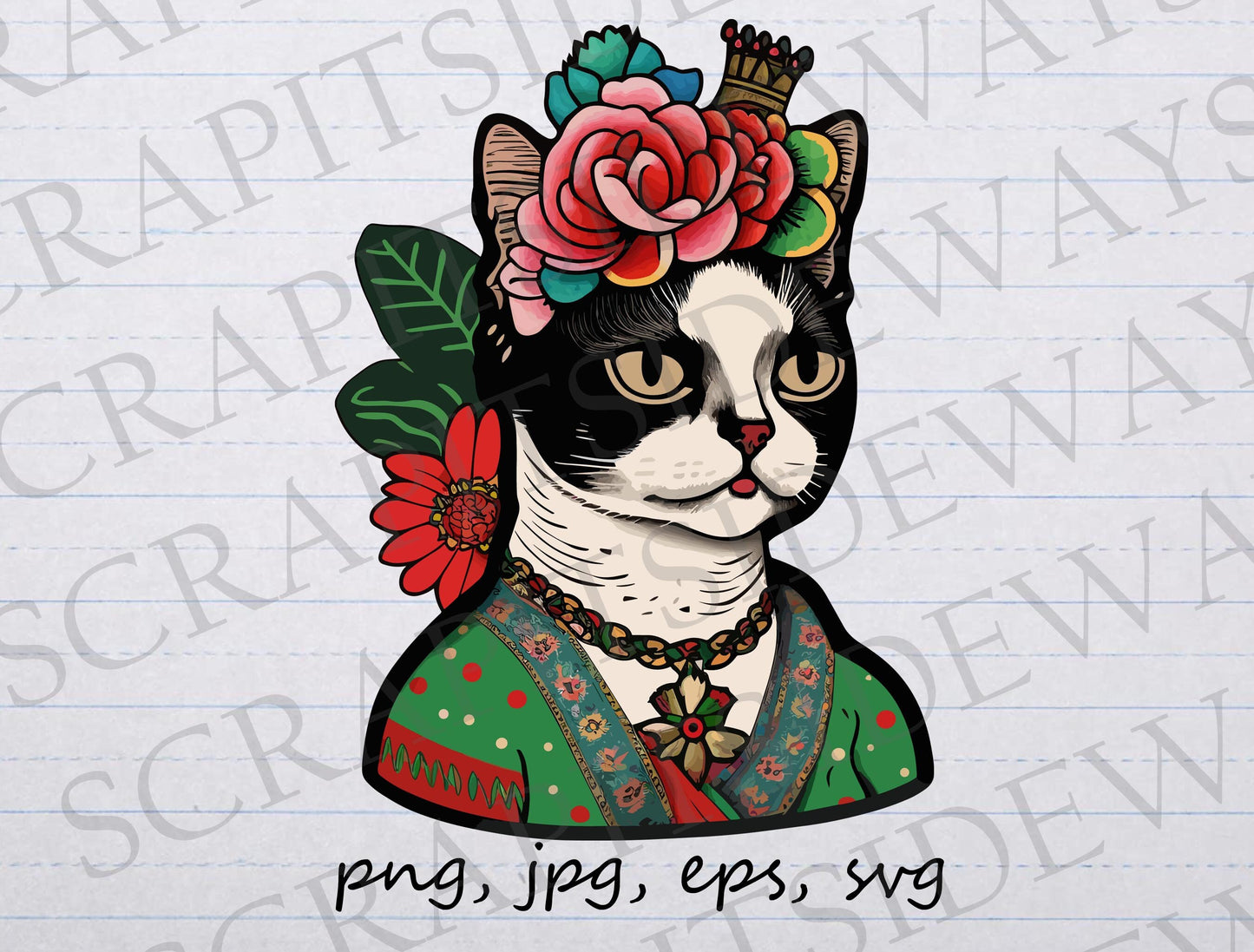 Cartoon Frida Kahlo Cat clipart vector graphic svg png jpg eps kitty kitten cat with flowers