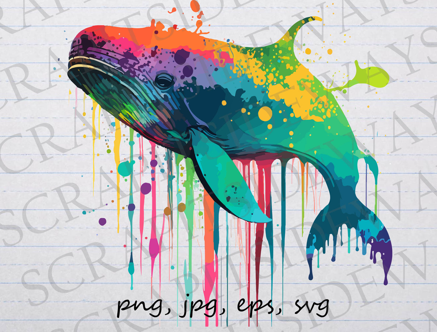 Psychedelic blue whale clipart vector graphic svg png jpg eps colorful whale paint drips