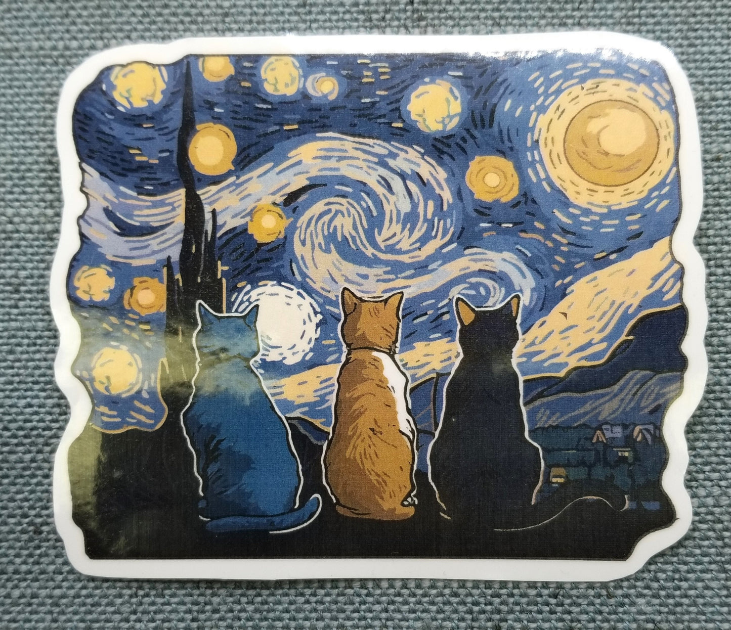 Starry night cats vinyl sticker 4 inches, water resistant decal, Van Gogh inspired, kitty, kitten, Cat lover